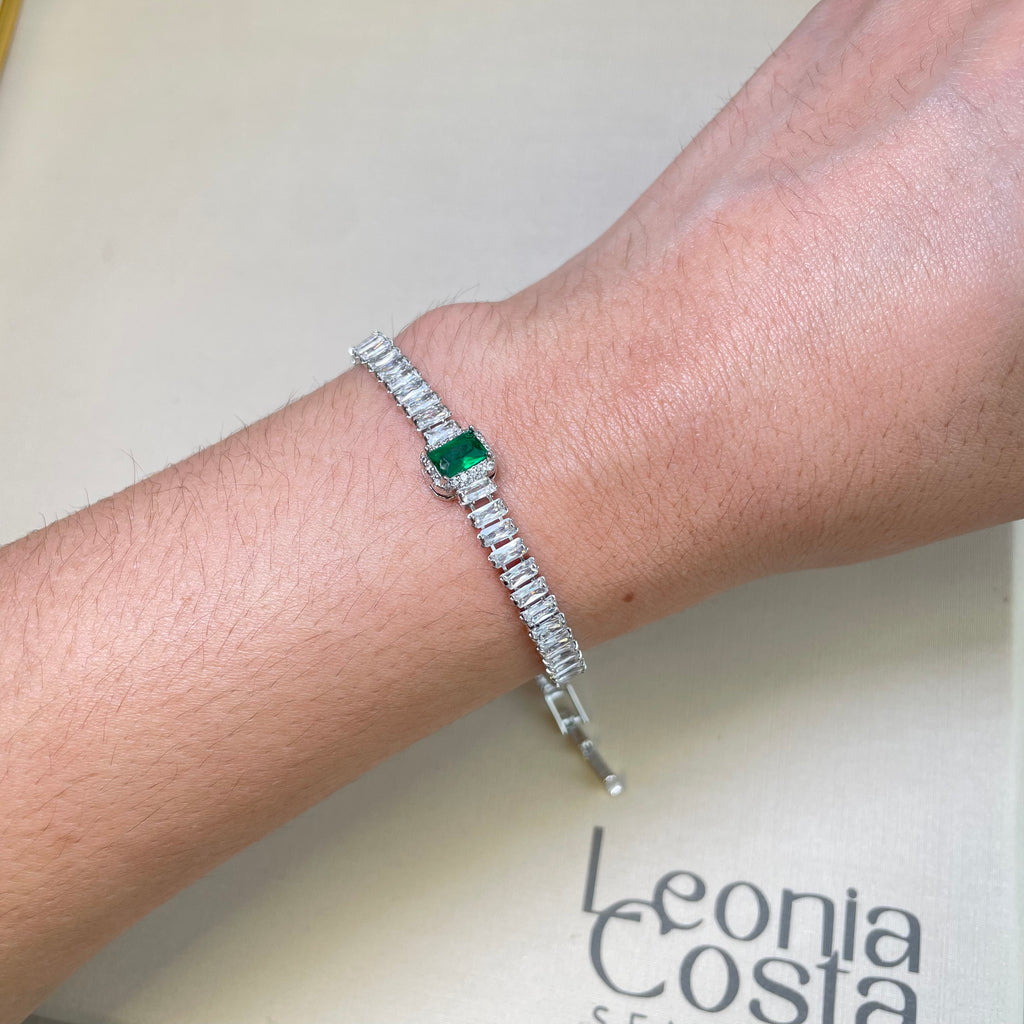 Pulseira Riviera Baguetes Retangular Esmeralda - Banhado a Ródio Branco