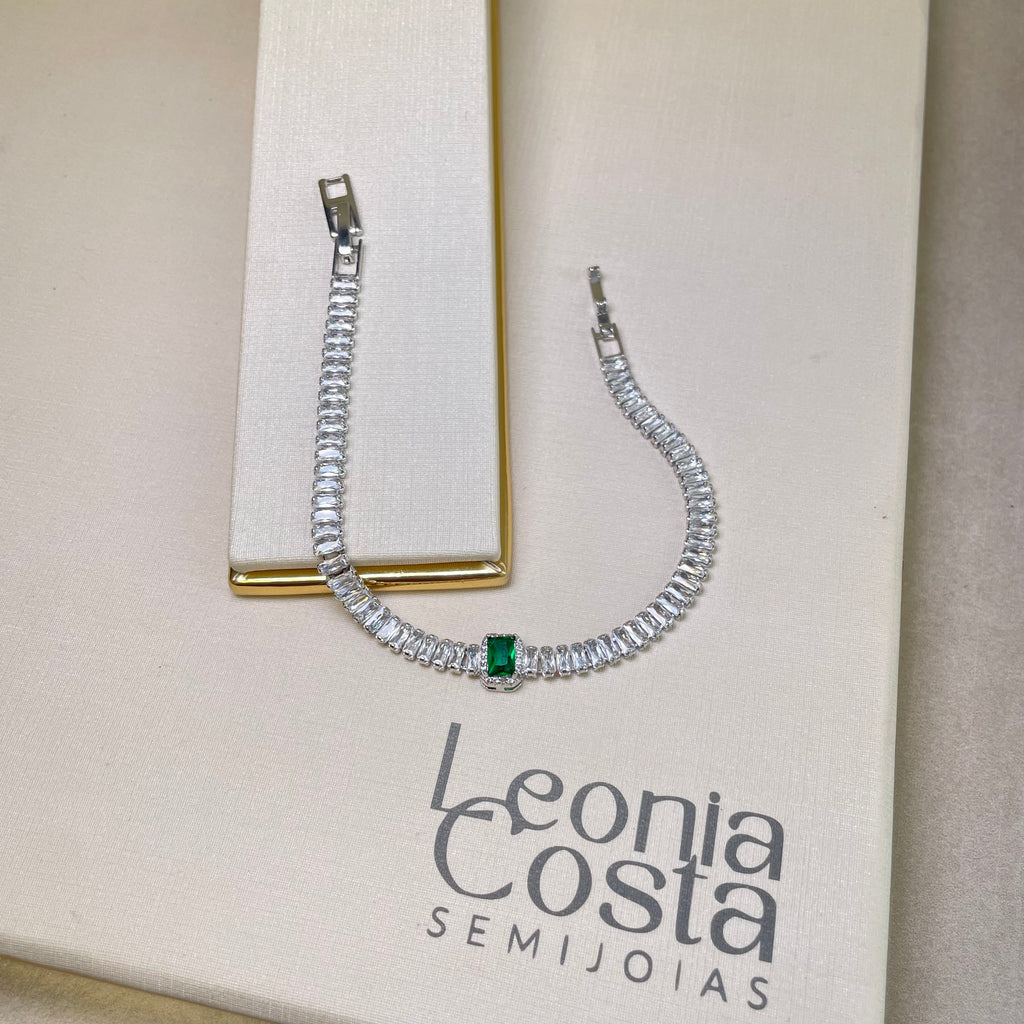 Pulseira Riviera Baguetes Retangular Esmeralda - Banhado a Ródio Branco